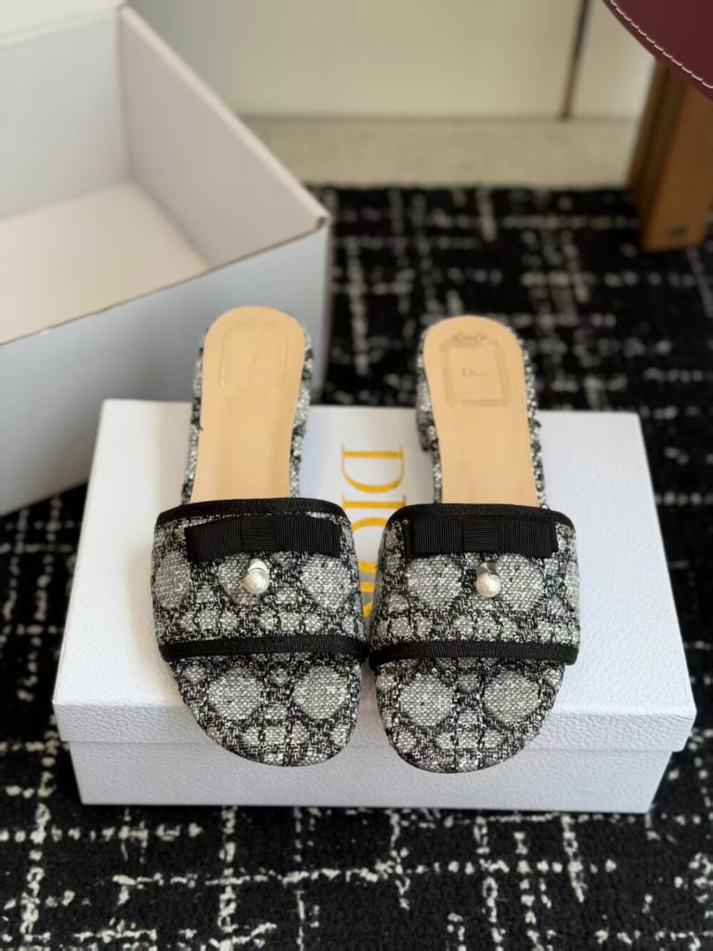 Dior Cannage Tweed Slide Mules Bow Pearl Low Heel Open Toe Sandals